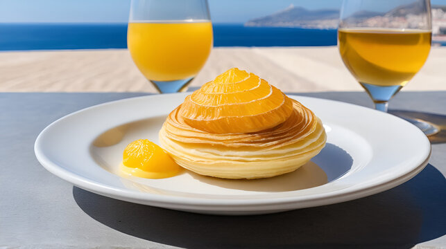 Italian desssert, Naples sfogliatella, shell-shaped layered pastry, with sweet custard-like filling made with semolina, ricotta, and candied citrus fruit and glass of ose wine and seaview