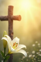 Easter lily and wooden cross in soft sunlight