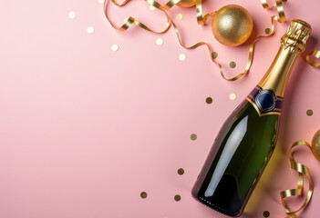Champagne bottle with gold ribbons and baubles on soft pink background, scattered confetti and metallic glitter create luxurious celebratory mood, ideal for seasonal promotion or festive greeting