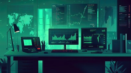 Financial trading office displaying stock market data and charts
