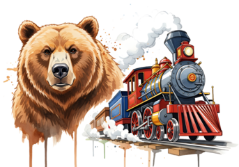 Majestic bear and vintage train evoke wanderlust and adventure, perfect for children's books, travel posters, and creative projects with a touch of nostalgia