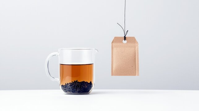 A glass pitcher filled with amber-colored brewed tea and loose dry tea leaves sits on a white surface next to a hanging brown paper tag.