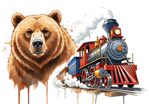 Majestic bear and vintage train evoke wanderlust and adventure, perfect for children's books, travel posters, and creative projects with a touch of nostalgia