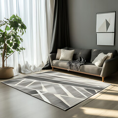 Modern Minimalist Living Room with Geometric Area Rug and Natural Light