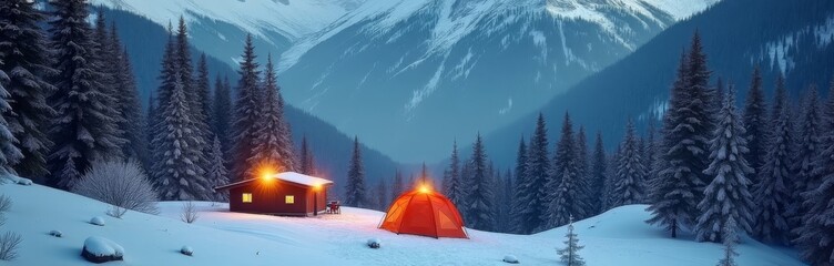 snowy ridge with orange expedition tents, crew preparing gear under crisp blue sky, footprints leading toward camp, panoramic alpine peaks framing scene, cold light and remote adventure mood
