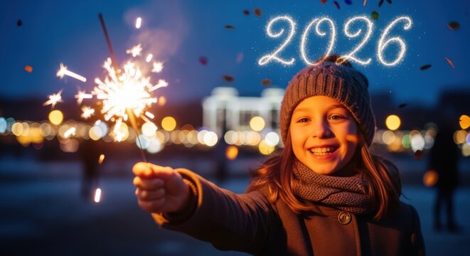 Joyful child celebrates new year 2026 with sparkler and confetti - Powered by Adobe