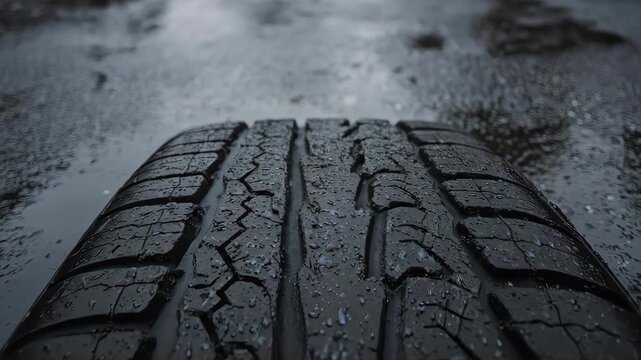 Close-up of a car tire on a wet, reflective surface, showcasing its tread pattern and the damp environment.