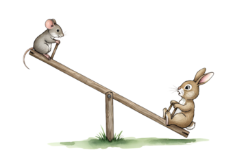 Whimsical illustration of a mouse and bunny on a seesaw, perfect for children's books, animal themes, and playful designs full of fun and imagination
