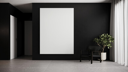 The moderrn living room and white canvas frame and black arm chair on black wall background. 3d rendering