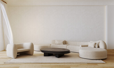 The moderrn living room and cozy sofa mock upand empty white wall background. 3d rendering