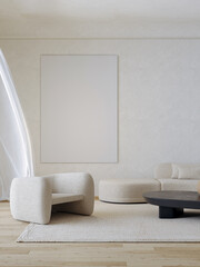 The moderrn minimal living room and cozy sofa mock upand empty canvas on white wall background. 3d rendering