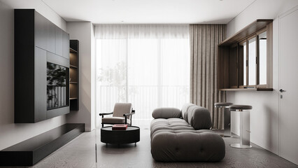 The house and living and moderrn living room and minimal sofa set decor and tv wall background. 3d rendering