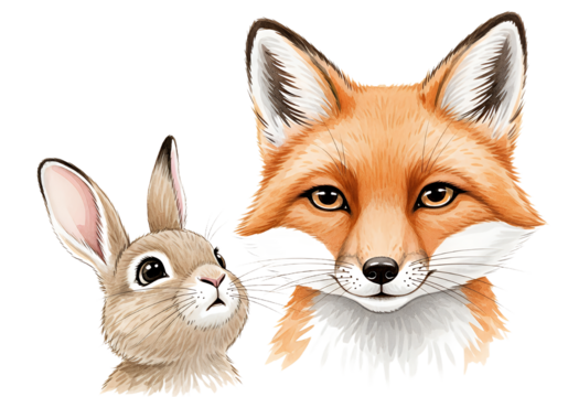 Charming watercolor portrait of a fox and hare, a perfect pair for storybooks or whimsical designs that capture woodland magic, childhood dreams, and gentle nature