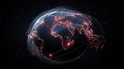 Obraz premium A digital representation of Earth at night, illuminated by glowing cities and interconnected by glowing lines, suggesting global networks and communication.