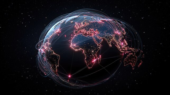 A digital representation of Earth at night, illuminated by glowing cities and interconnected by glowing lines, suggesting global networks and communication.