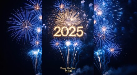 Vibrant blue fireworks display celebrating the arrival of 2025