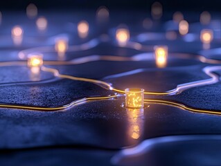 A network of glowing cylindrical objects connected by illuminated lines on a dark, textured, and wet surface, with soft bokeh lights in the background.