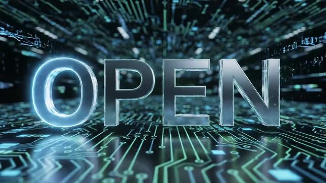 Open Source Technology and Digital Circuit Board Background with Data Flow.