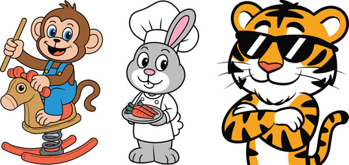 Cartoon monkey on rocking horse, rabbit chef with steak plate, cool tiger in sunglasses, fun animal characters, vector illustration