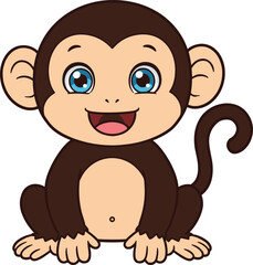Cartoon monkey sitting with big eyes, cheerful primate character illustration, children’s book animal artwork, playful design, cad drawing flat vector illustration