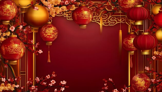 Traditional lanterns with cherry blossoms in gold frame