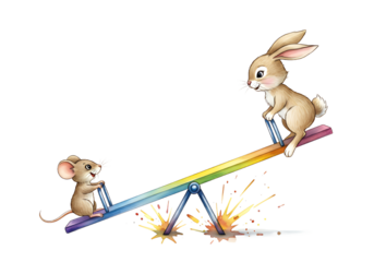 Delightful cartoon of a bunny and mouse enjoying a colorful seesaw ride, perfect for children's books, educational materials, or playful designs that spark joy