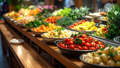 A vibrant buffet presents a colourful array of fresh vegetables and prepared dishes. The food is arranged aesthetically, ready for diners