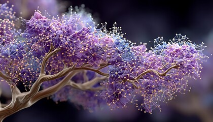AI neural network visualized as branching tree with labeled learning nodes in violet tones