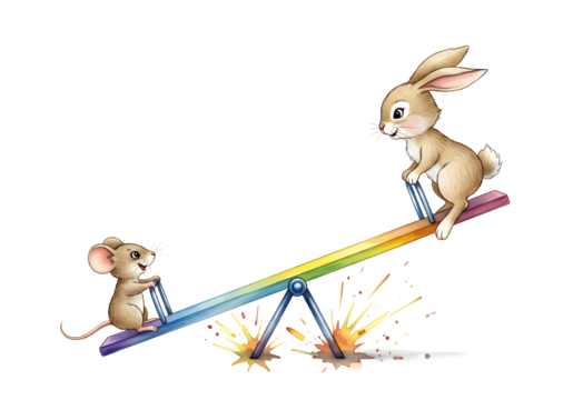 Delightful cartoon of a bunny and mouse enjoying a colorful seesaw ride, perfect for children's books, educational materials, or playful designs that spark joy