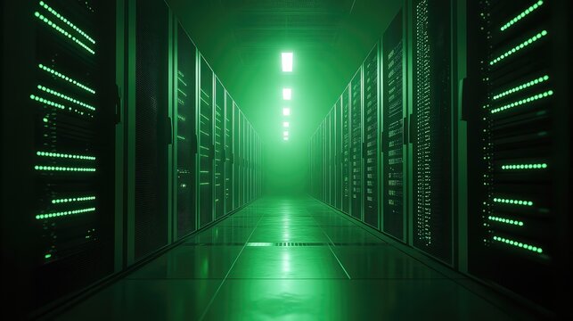Server racks glowing green in a secure data center
