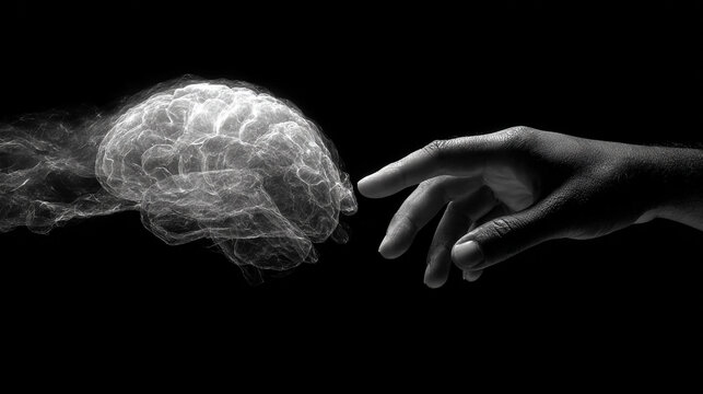 A hand reaching towards a brain with smoke in monochrome style.