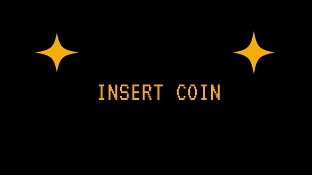 Retro arcade game screen displays an "INSERT COIN" message with blinking golden stars. 4K video animation for video game.