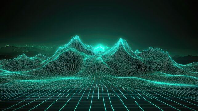 Digital futuristic landscape displaying illuminated wireframe mountains and grid