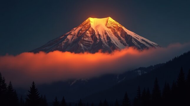 Majestic mountain peak illuminated by golden sunset light above dramatic clouds