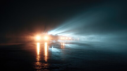 Car headlights shining through dense fog on wet road at night