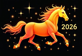 Gowing golden horse galloping under stars, 2026 inscription on black background, lantern reflections and warm palette. Chinese New Year banner.