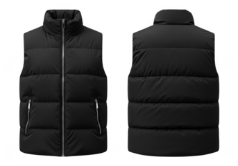 Black puffer vest front and back view isolated on transparent background