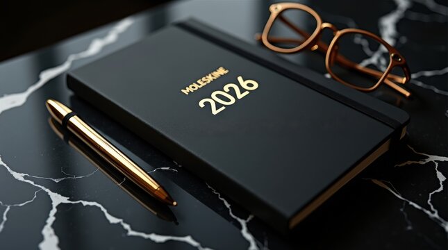 Moleskine 2026 planner with glasses and pen on marble surface