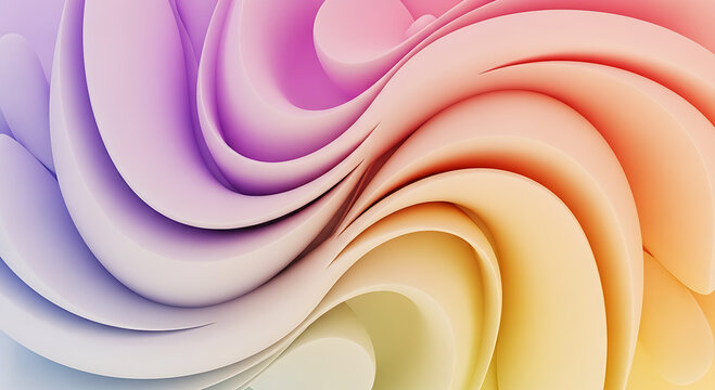 A three-dimensional rendered abstract background of smooth, flowing, and voluminous swirls and curves, transitioning through a gentle, soft pastel color palette from cool lavender to warm yellow