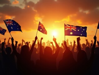 Crowd of people holding australian flags at sunset celebrating patriotism
