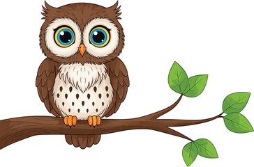 Cartoon owl perched on tree branch with big eyes, cute bird character illustration, children’s book artwork, playful design, cad drawing flat vector illustration