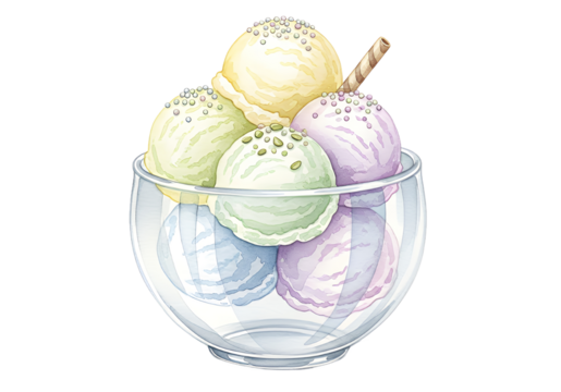 Indulge in a refreshing, colorful assortment of gourmet ice cream scoops artfully arranged in a clear glass bowl, perfect for summer treats and dessert promotions.