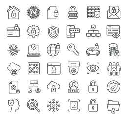 Obraz na płótnie Canvas Set of collection line icons related Security and Protection. Editable stroke. Perfect pixel on transparent background