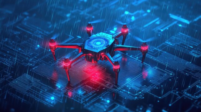 Futuristic drone technology on digital circuit board in rain