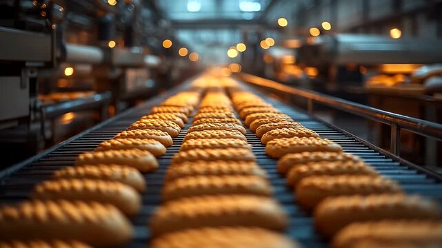 Freshly Baked Bread Rolls on Conveyor in Bakery Factory