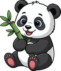 Cartoon panda, bamboo stalk, cheerful, blue eyes, black and white fur, sitting, smiling, cute, expressive, animal, character, animated, friendly, nature, green leaves, pink paws, children,