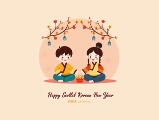 Cute korean children in traditional hanbok celebrating lunar new year