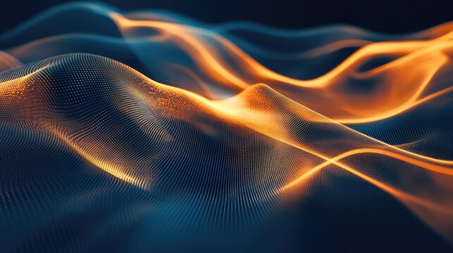 Wavy particle mesh creating glowing orange and blue fluid digital background