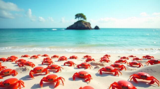 Vast swarm of bright red crabs on a tropical beach with a small island in the distance