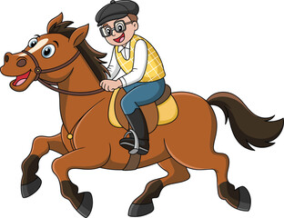 Cartoon person riding horse, cheerful brown horse with saddle, vector illustration, outdoor activity, leisure sport, character design, white background